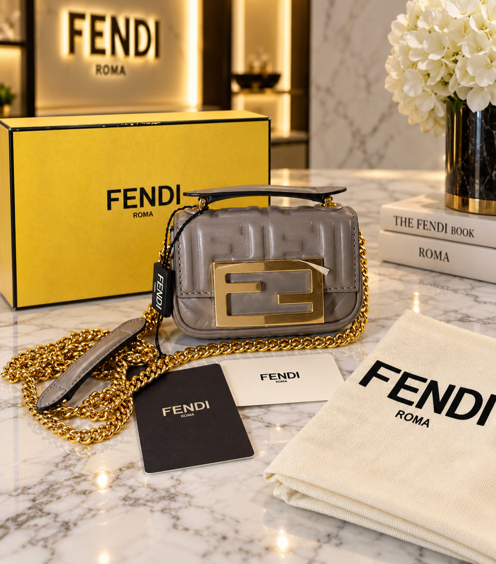 NWT Auth Fendi Nano Baguette Charm Crossbody Bag Dove Grey Leather Box Tags